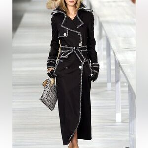 Chanel Rare Vintage 2004 Trench Coat with Tweed and Beaded Trim